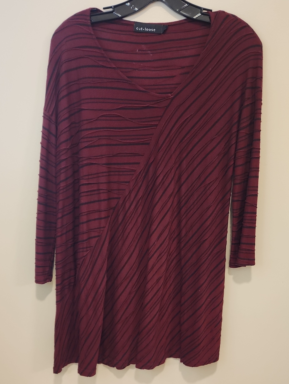 Cut Loose Tunic Asymmetrical Maroon Black Striped Lagenlook Knit size Small